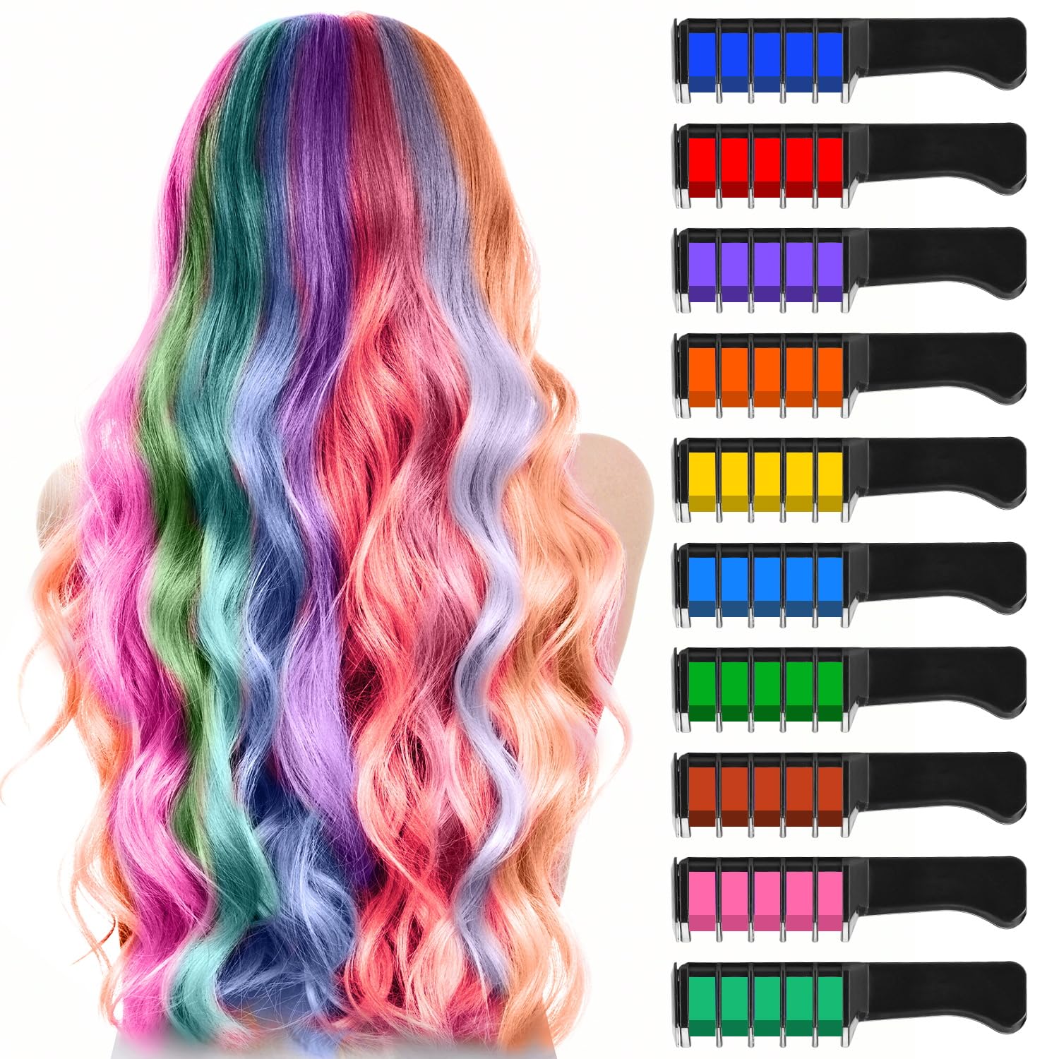 Peine de tiza temporal para cabello con 10 colores vibrantes, ideal para looks temporales y divertidos.