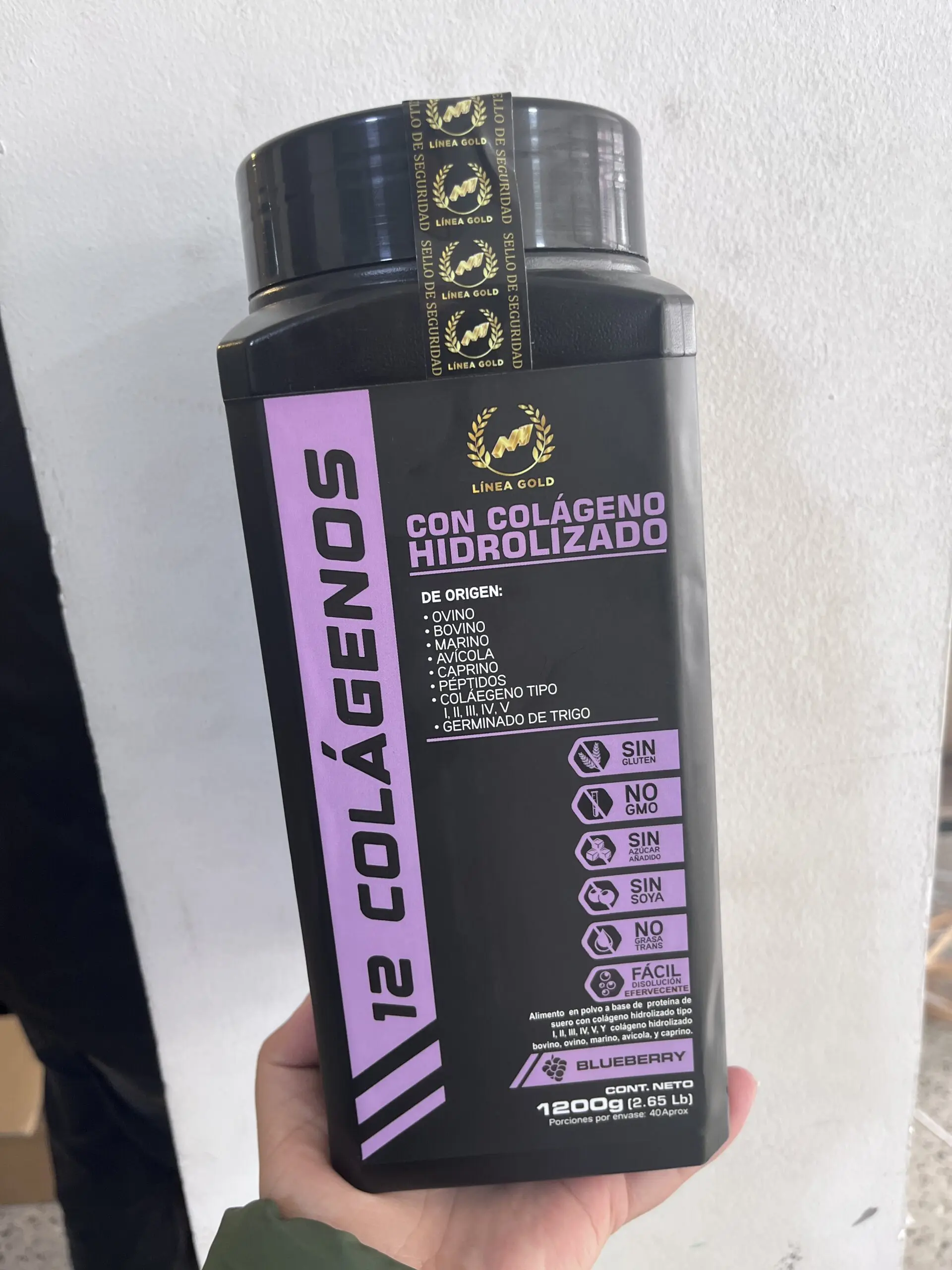 Bote de 12 Colágenos Hidrolizados sabor Blueberry, 1200g, para piel, cabello, uñas y articulaciones.