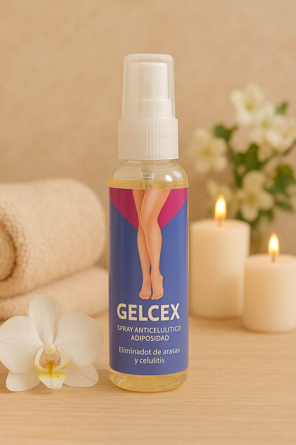 Spray anticelulítico GelCex con piernas tonificadas, flores y velas, ideal para reducir celulitis.