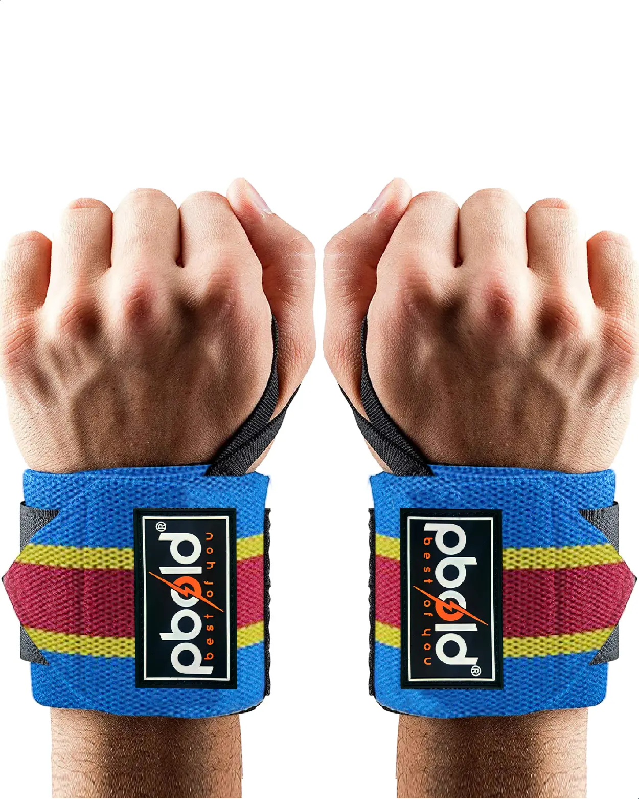 Muñequeras CrossFit azul con franjas rojas y amarillas, para levantamiento de pesas, protegen muñecas.