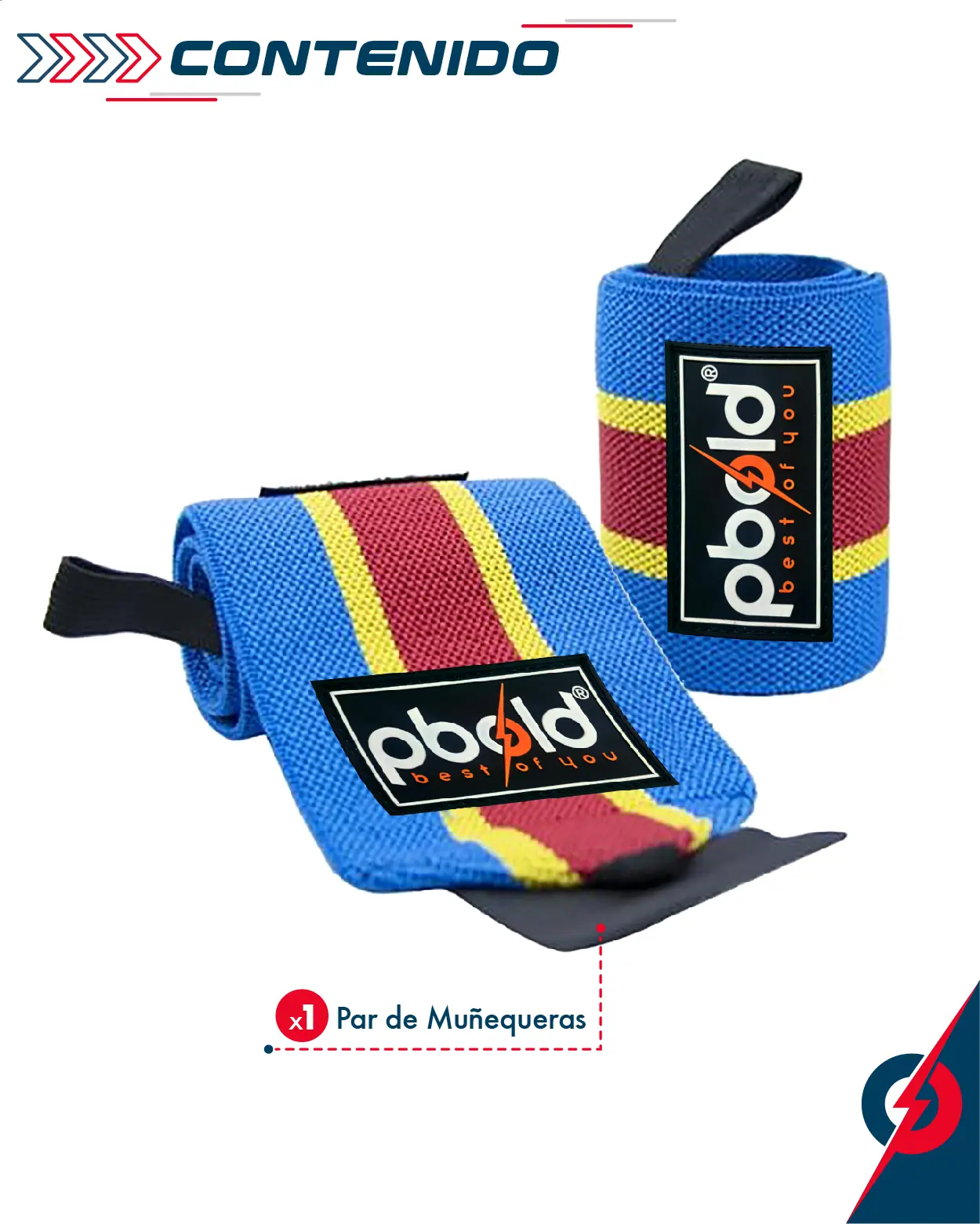 Muñequeras CrossFit azul con franjas rojas y amarillas, marca Pbold, para levantamiento de pesas.