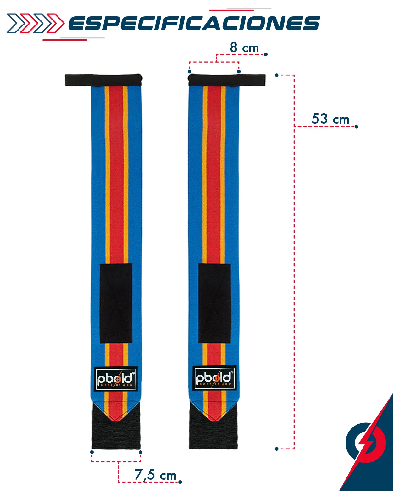 Muñequeras CrossFit azul con franjas rojas y amarillas, 53 cm de largo, 8 cm de ancho, 7.5 cm de velcro.