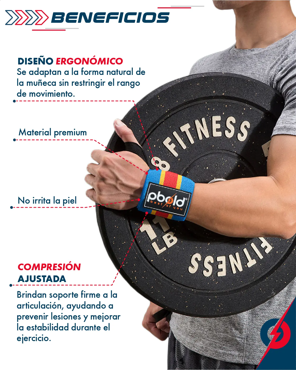 Muñequeras CrossFit Pbold azul con bandas rojas y amarillas, ajustadas en la muñeca de un hombre levantando pesas.