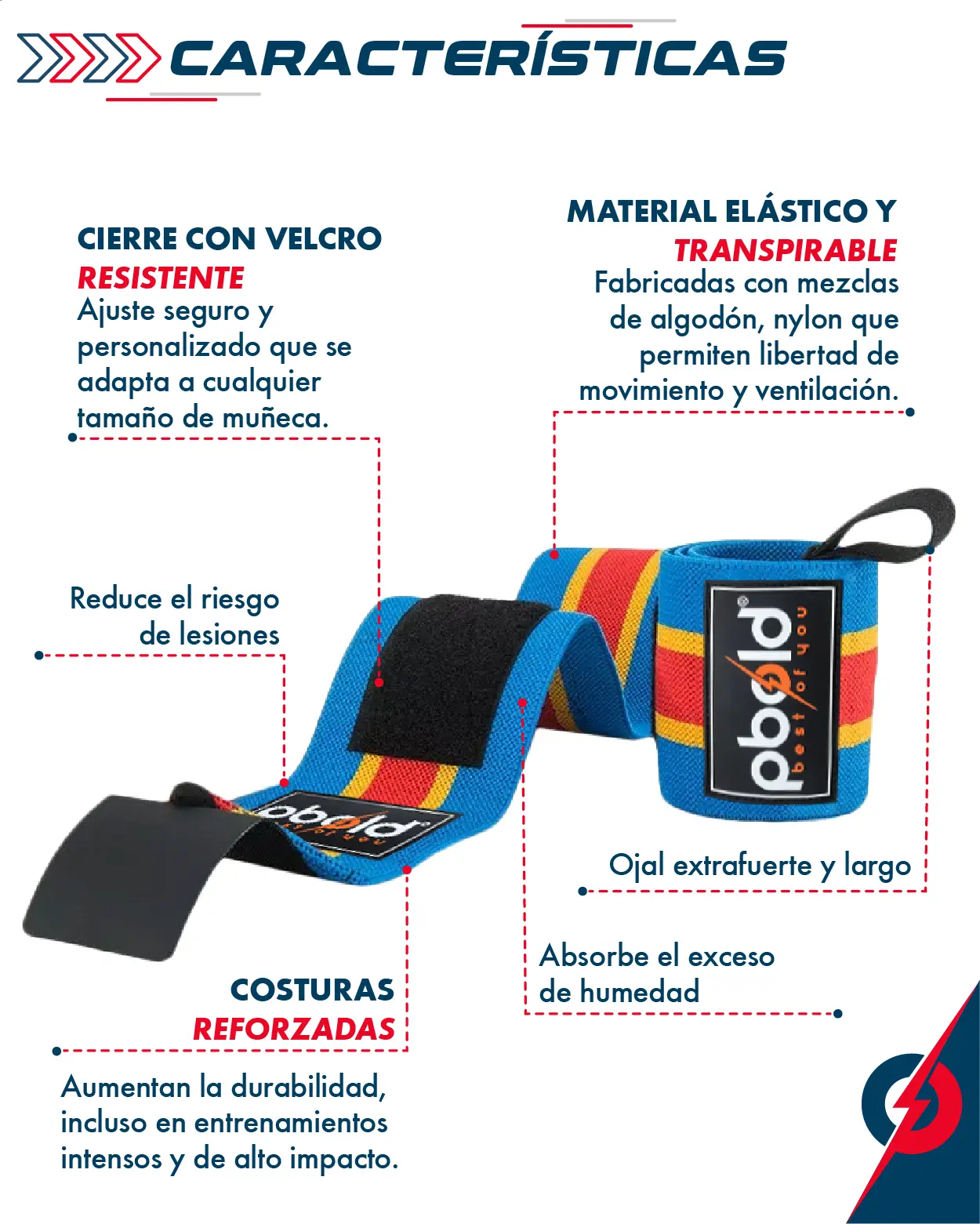 Muñequeras CrossFit azul con rayas rojas y amarillas, cierre de velcro, ojales extrafuertes, costuras reforzadas, material elástico y transpirable.