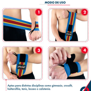 Muñequeras CrossFit azules con franjas rojas y amarillas, para levantamiento de pesas.