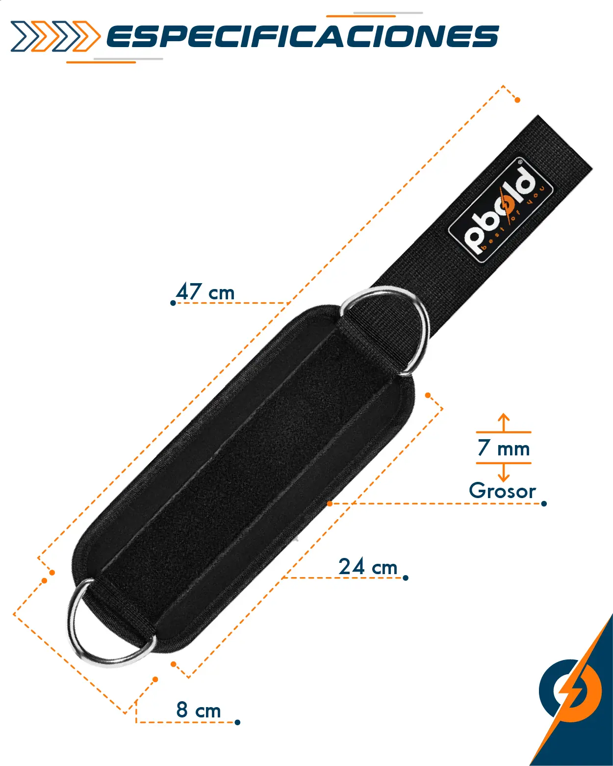 Tobillera acolchada negra ajustable, 47 cm largo, 8 cm ancho, 24 cm acolchado, 7 mm grosor.