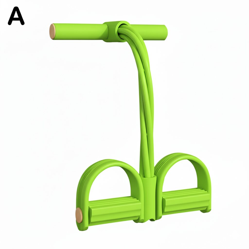 Entrenador elástico verde con pedales y asas, para ejercicio en casa.