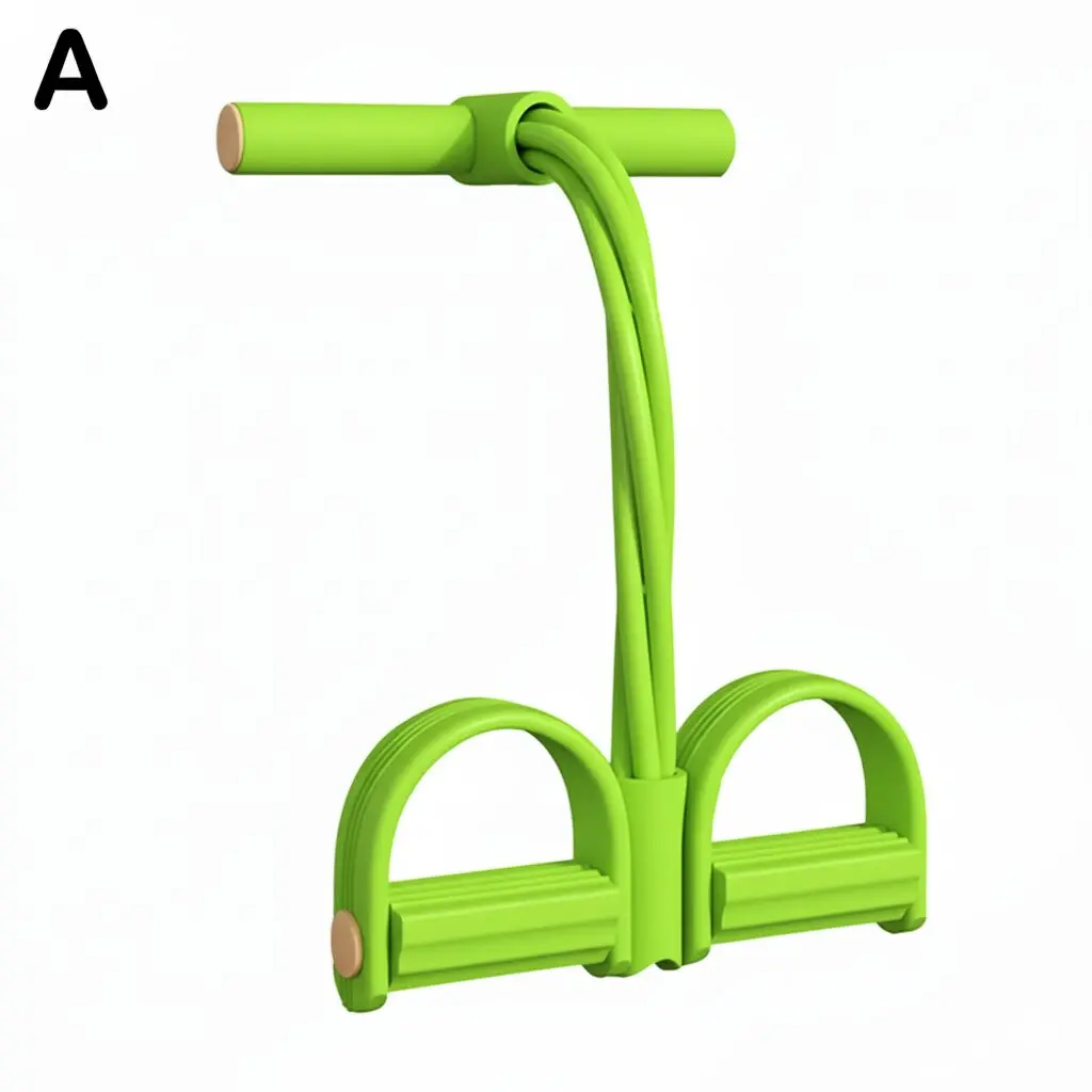 Entrenador elástico verde con pedales y asas, para ejercicio en casa.