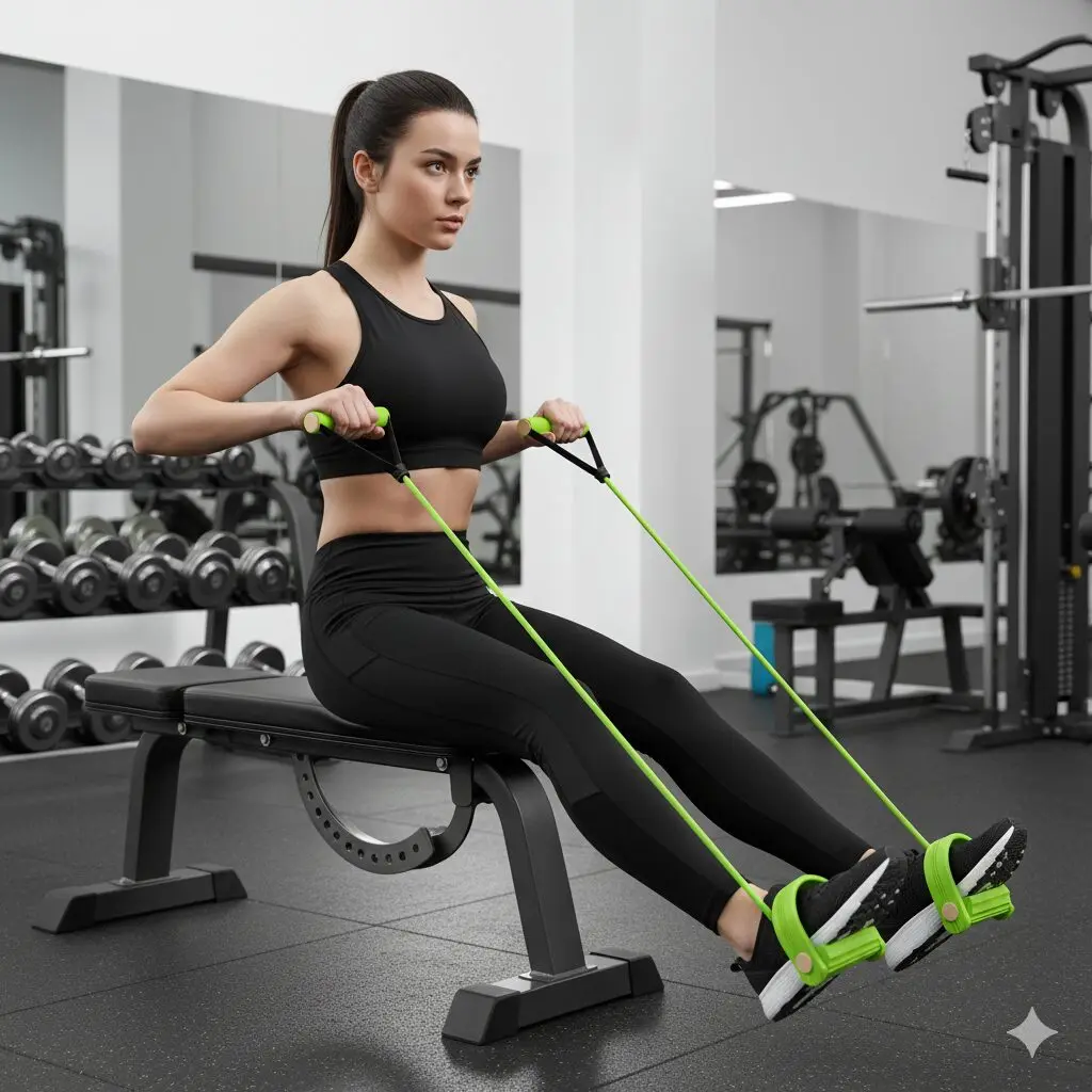 Mujer haciendo ejercicio con entrenador elástico verde en un gimnasio, sentada en banco, anclado a pies.