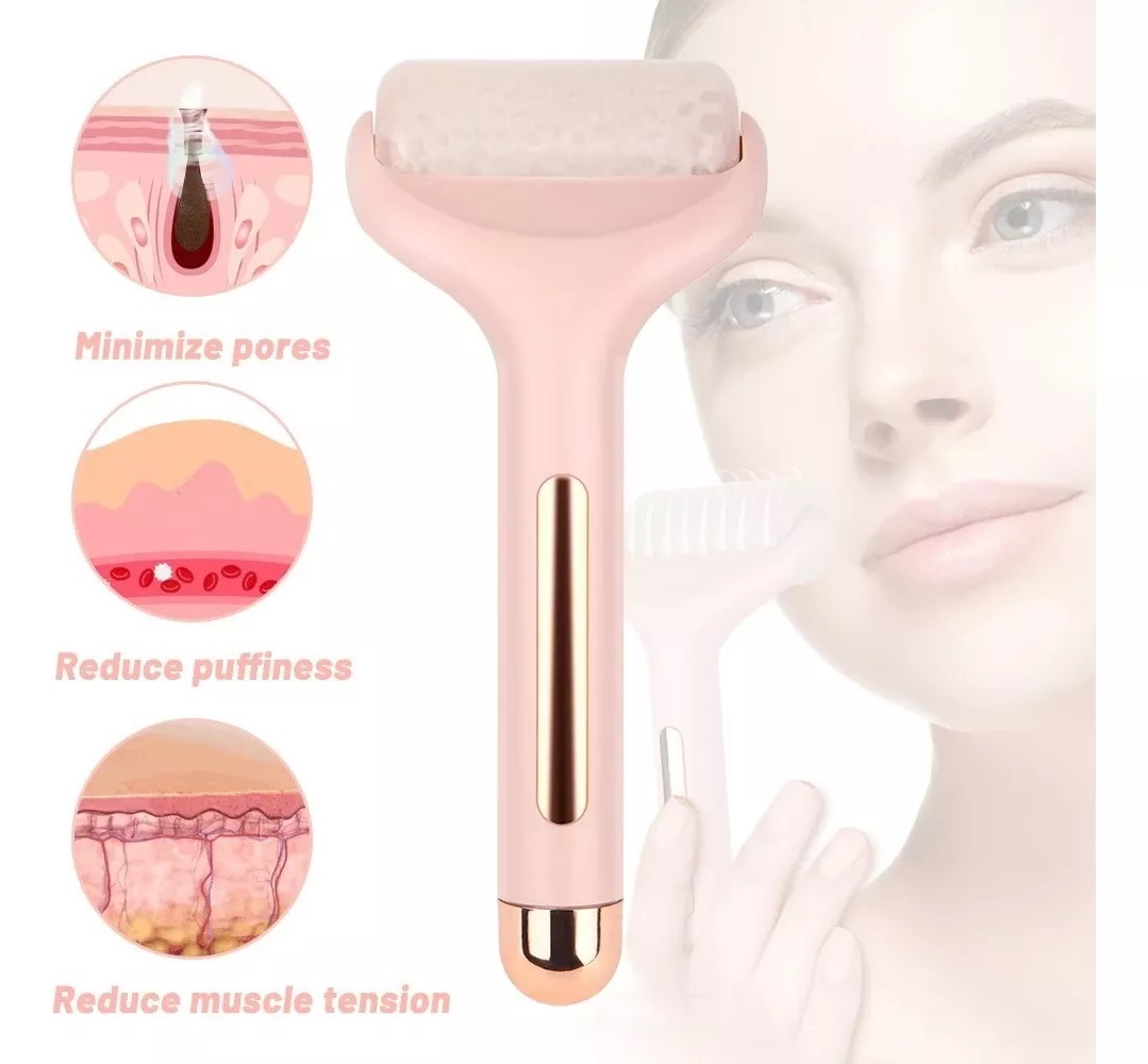 Pink ice roller facial con cepillo, ideal para minimizar poros, reducir hinchazón y tensión muscular.