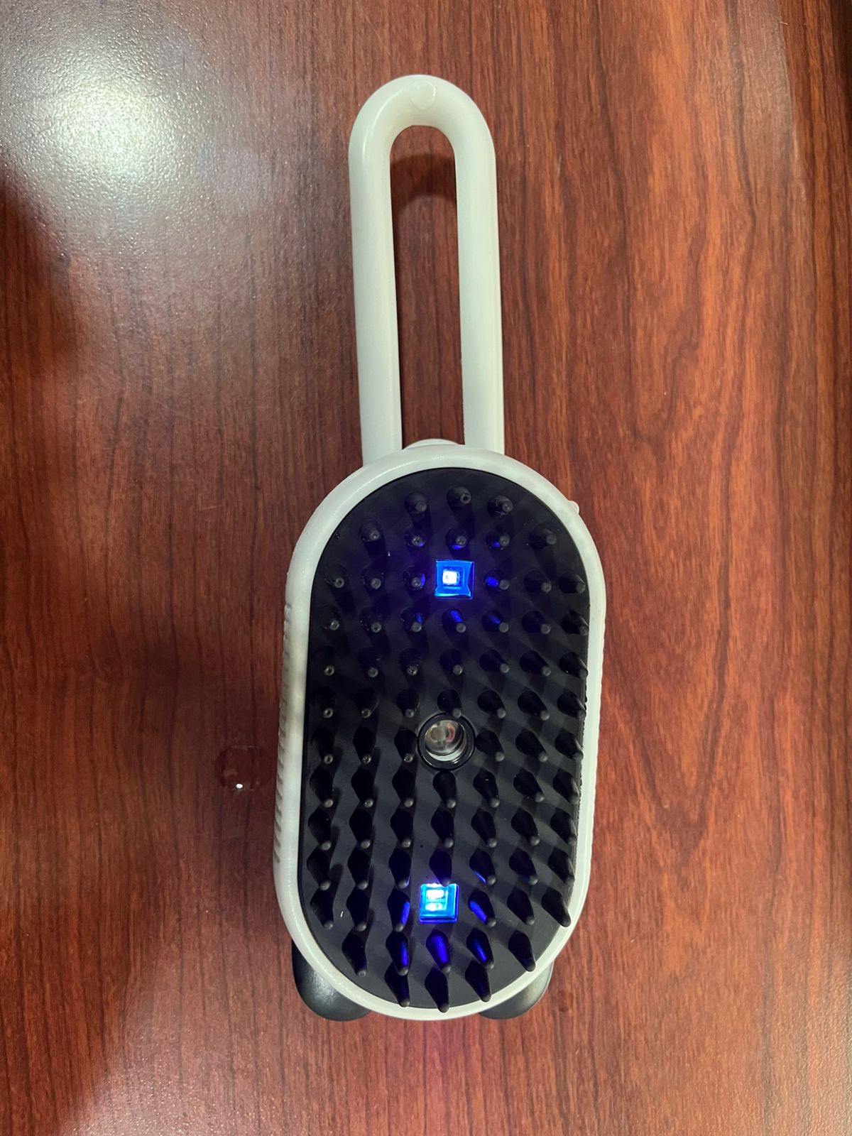 Cepillo Panda blanco para mascotas con vapor, dos luces LED azules, sobre superficie de madera.