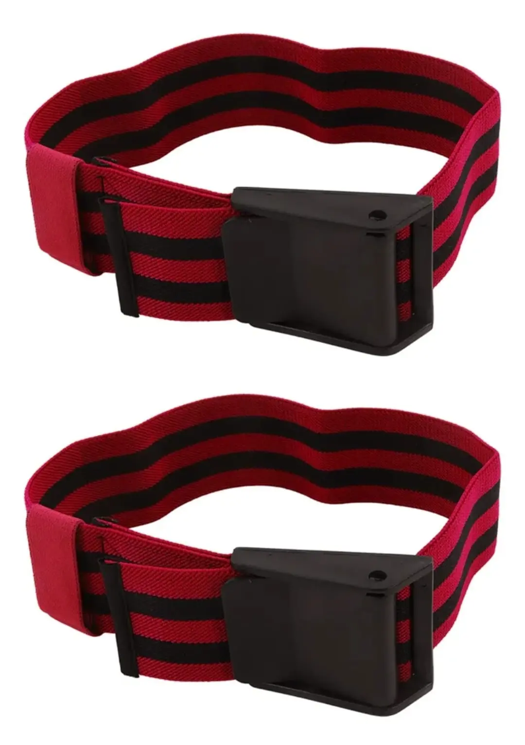 Par de bandas de oclusión para ejercicio, rojas con rayas negras y hebilla de plástico negro.