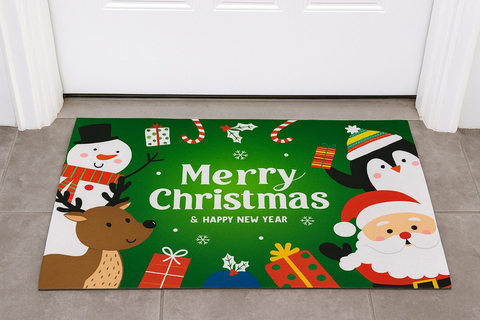 Tapete navideño verde con Santa, pingüino, muñeco de nieve, reno y regalos.