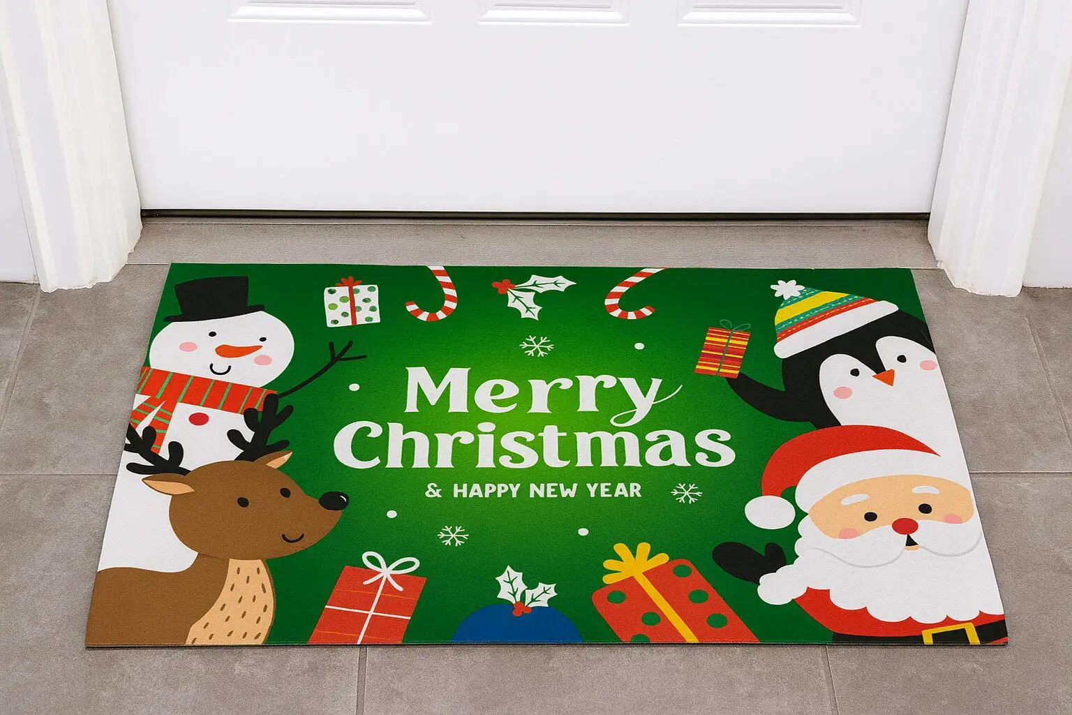 Tapete navideño verde con Santa, pingüino, muñeco de nieve, reno y regalos.