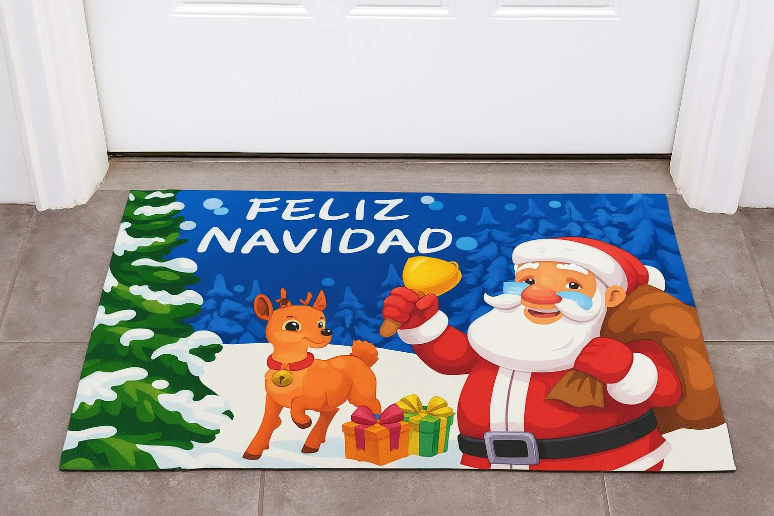 Tapete navideño con Santa, reno y árbol nevado. Texto "Feliz Navidad". Ideal para recibidor.