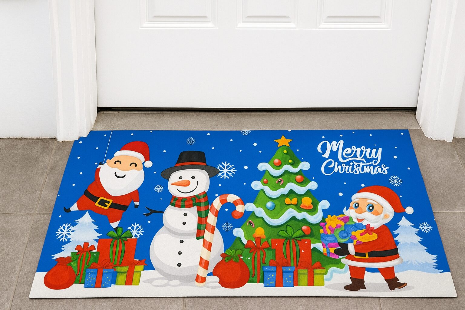 Tapete navideño azul con Santa, muñeco de nieve, árbol y regalos. Ideal para puerta.