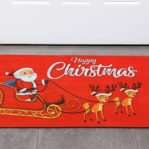 Tapete navideño rojo con Santa en trineo y renos, "Happy Christmas".