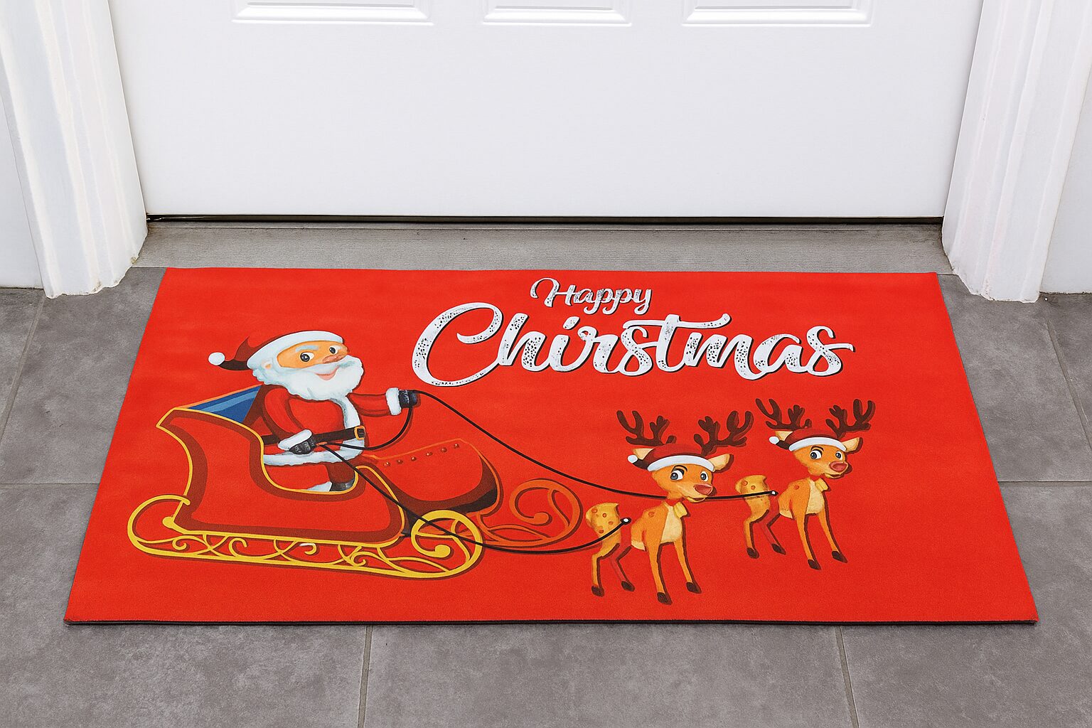 Tapete navideño rojo con Santa en trineo y renos, "Happy Christmas".