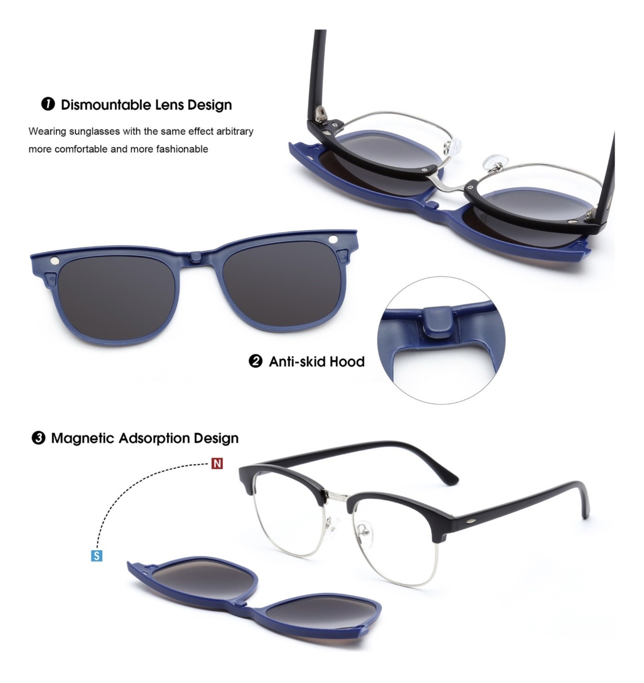 Gafas 5 en 1 magnéticas polarizadas: clip-on desmontable azul, montura negra con lentes transparentes.