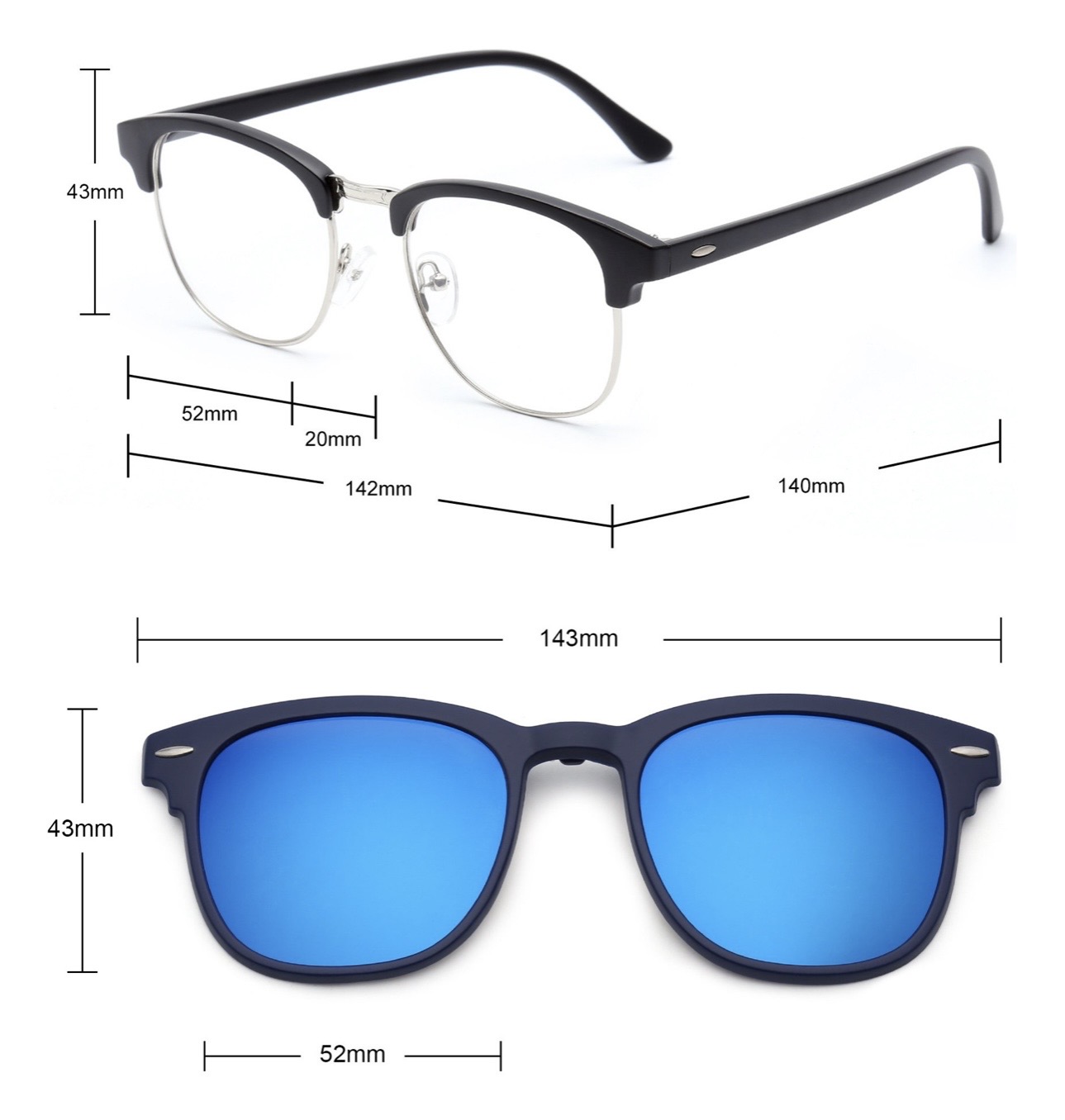 Gafas 5 en 1 Magnéticas Polarizadas, montura negra, lentes azules, 143mm ancho. Incluye armazón y clip-on.