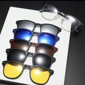 Gafas 5 en 1 magnéticas polarizadas. Montura negra con 4 lentes intercambiables: azul, café, gris y amarillas.