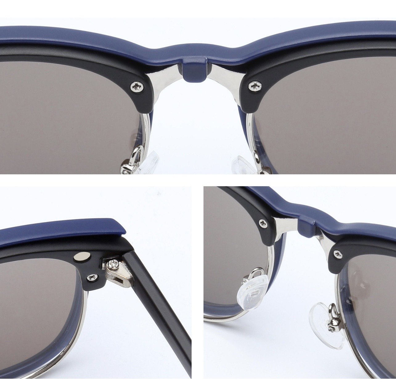 Gafas de sol magnéticas polarizadas 5 en 1 con montura azul oscuro y detalles plateados.