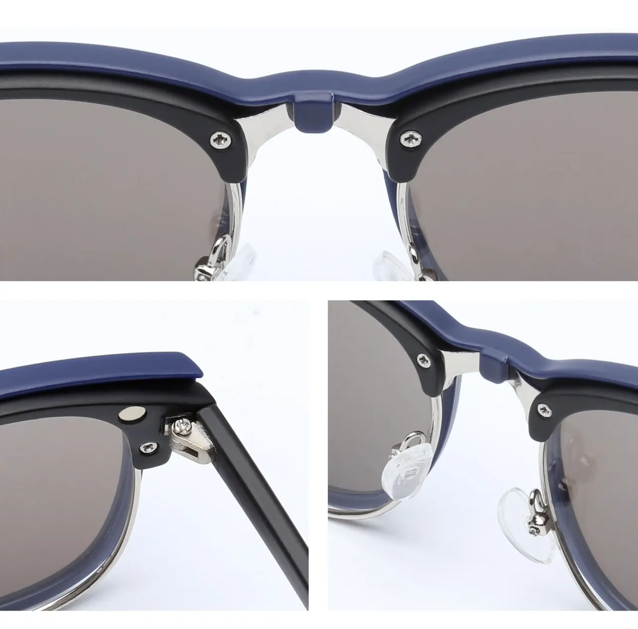 Gafas de sol magnéticas polarizadas 5 en 1 con montura azul oscuro y detalles plateados.