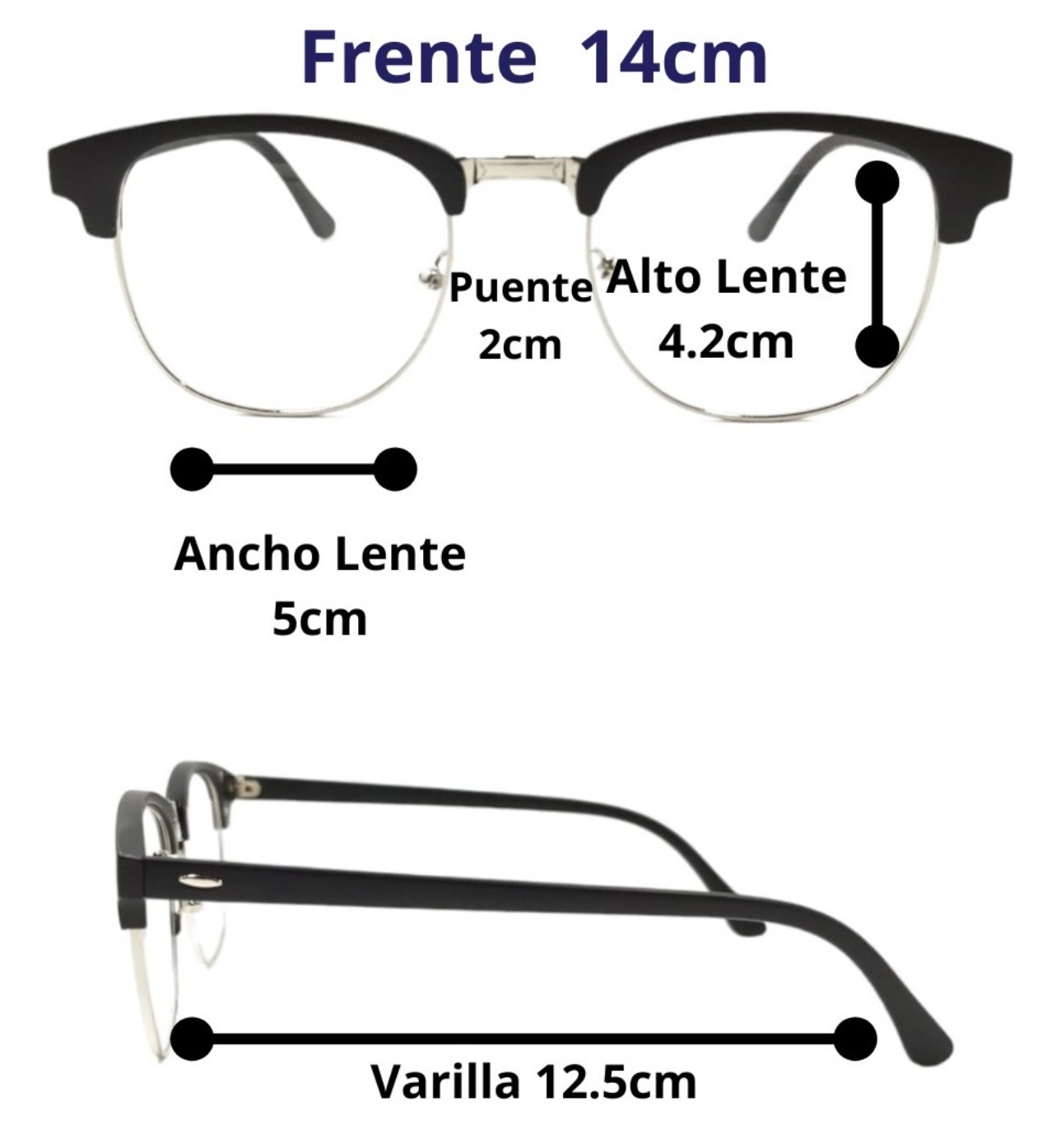 Gafas de sol magnéticas con frente de 14cm, puente 2cm, lente 4.2cm y varilla 12.5cm.
