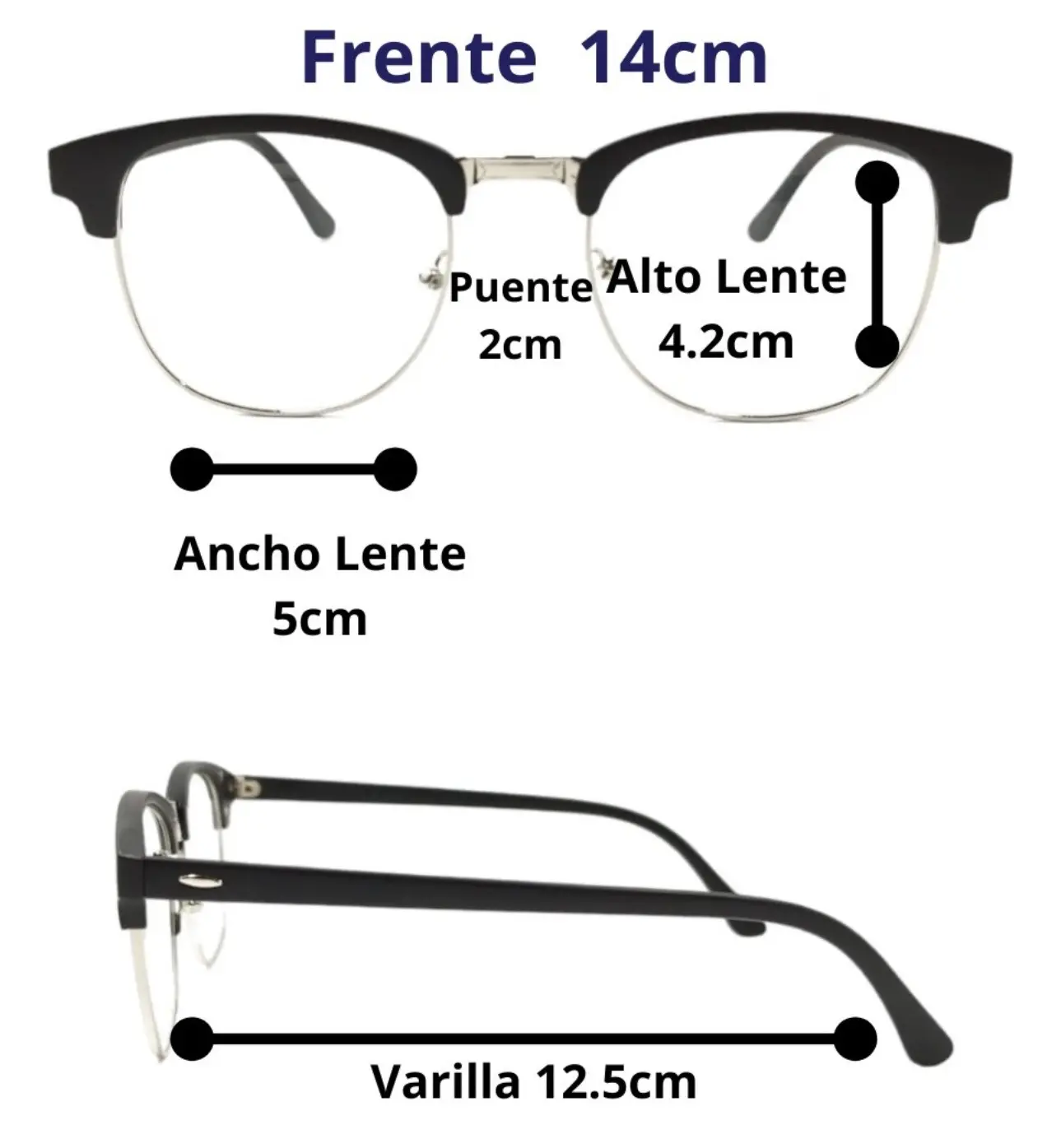 Gafas de sol magnéticas con frente de 14cm, puente 2cm, lente 4.2cm y varilla 12.5cm.