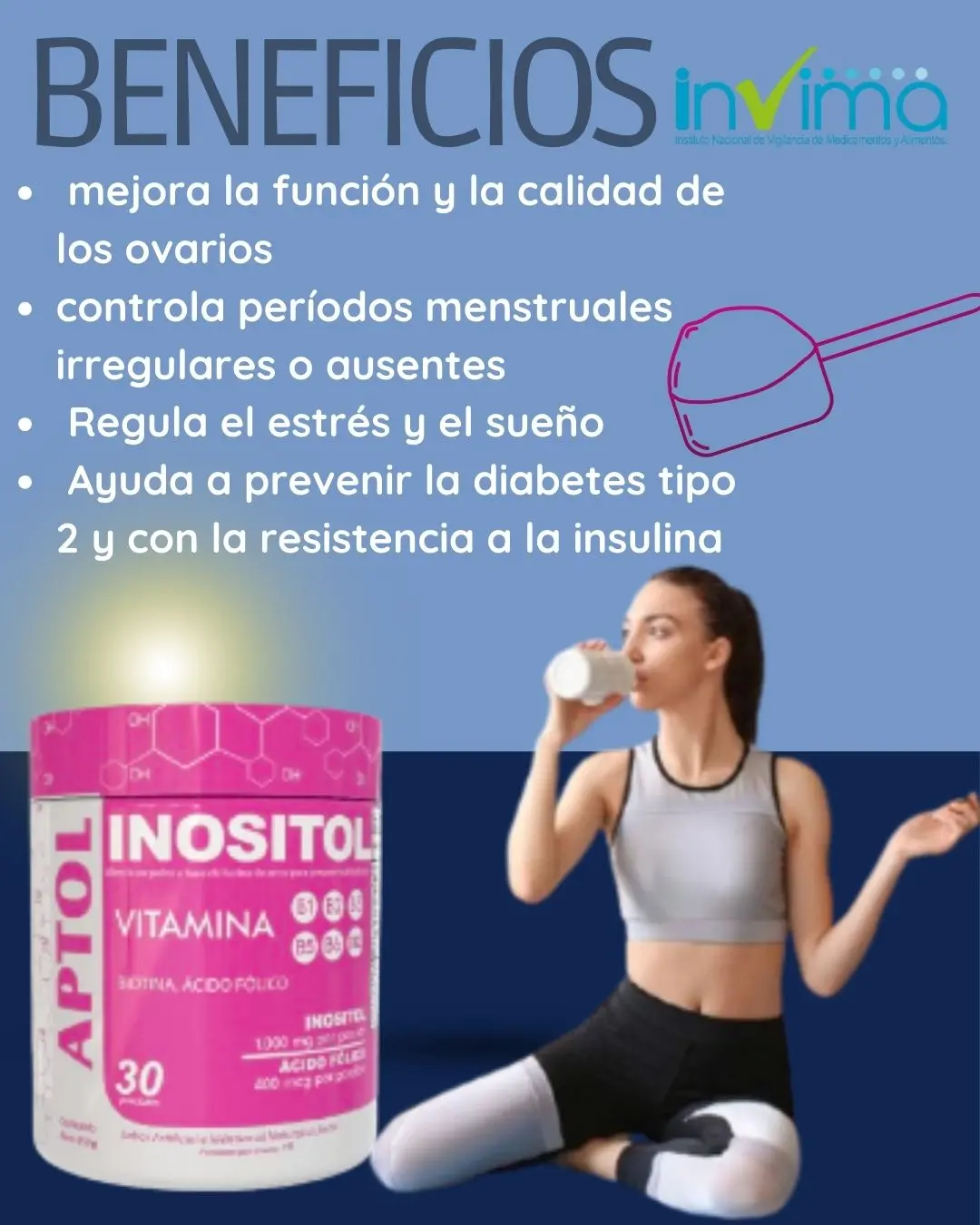 Bote de Inositol APTOL con Vitaminas, 30 unidades, para regular ciclos hormonales y mejorar el bienestar.