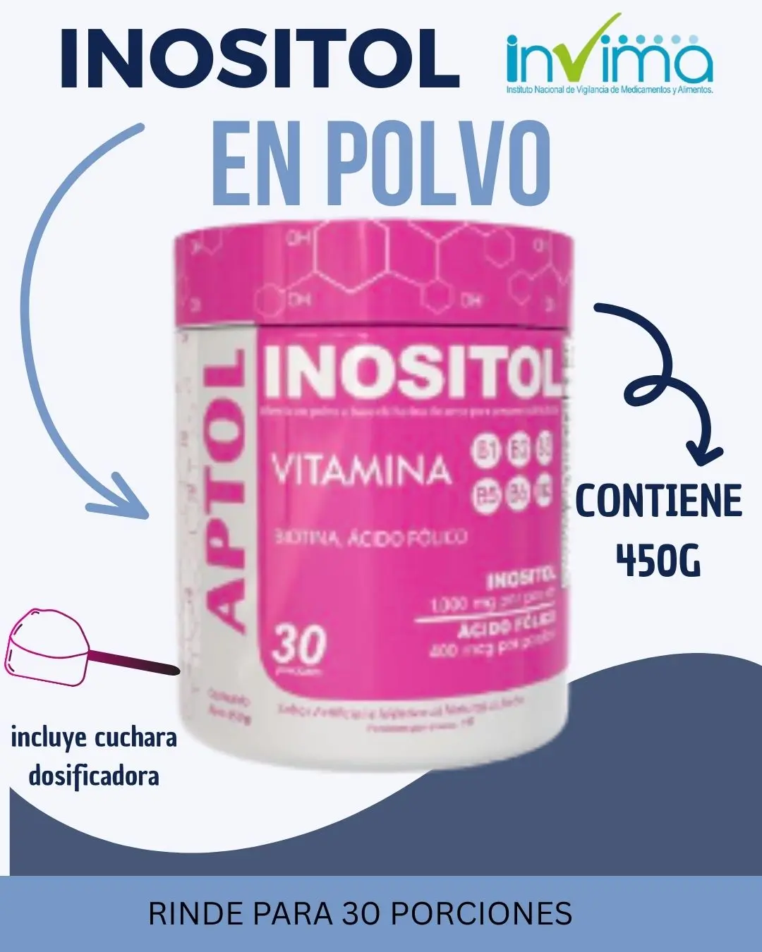 Inositol en polvo rosado con vitaminas B, biotina y ácido fólico. Incluye cuchara dosificadora. Contiene 450g. Rinde 30 porciones.
