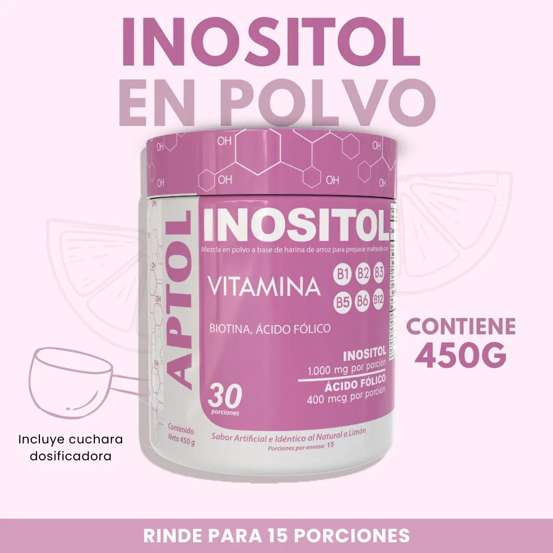 Inositol en polvo Internatural 450g, mezcla para preparar malteada con vitaminas B, biotina y ácido fólico.
