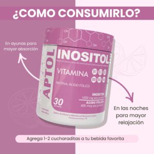 Bote de Inositol APTOL con Vitaminas B, Ácido Fólico y Biotina. Sabor Limón. 450g. Para mayor absorción en ayunas y relajación nocturna.