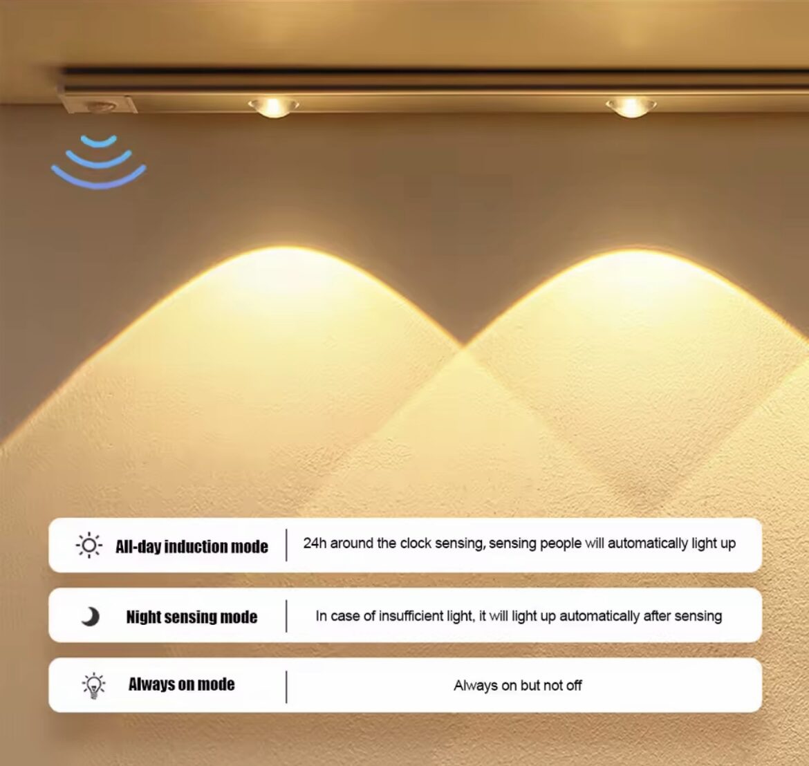 Luz LED ultrafina USB con 3 modos: inducción todo el día, sensor nocturno, siempre encendida.