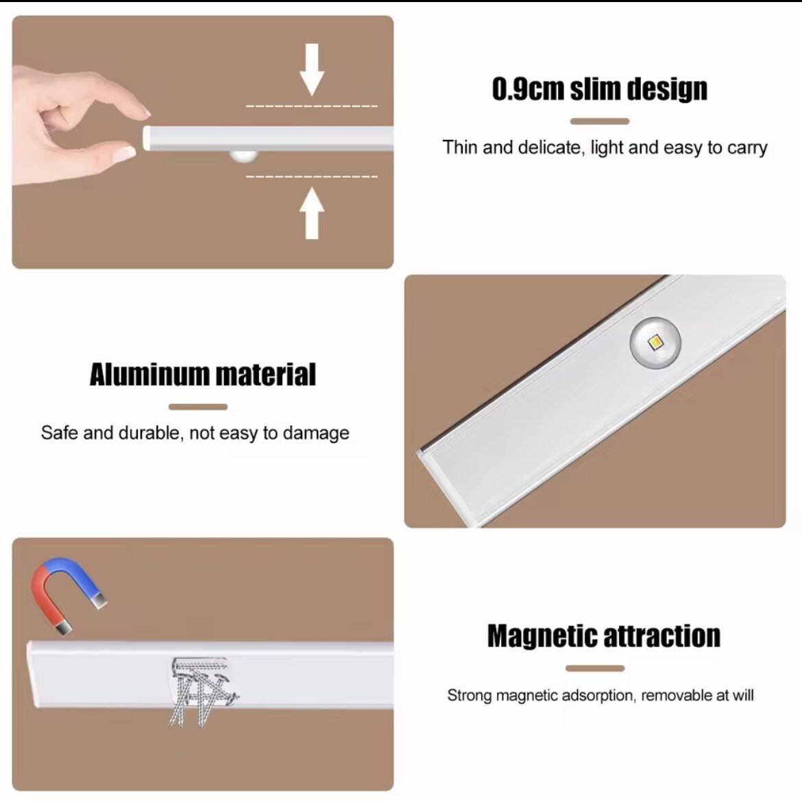 Luz LED ultrafina de aluminio, 0.9 cm, con imán para fijación, para detección de movimiento.