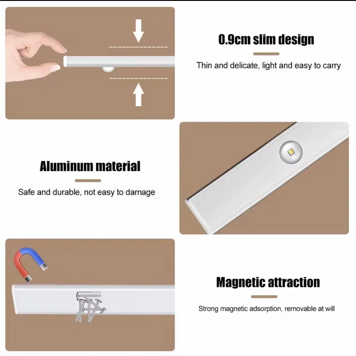 Luz LED ultrafina de aluminio, 0.9 cm, con imán para fijación, para detección de movimiento.
