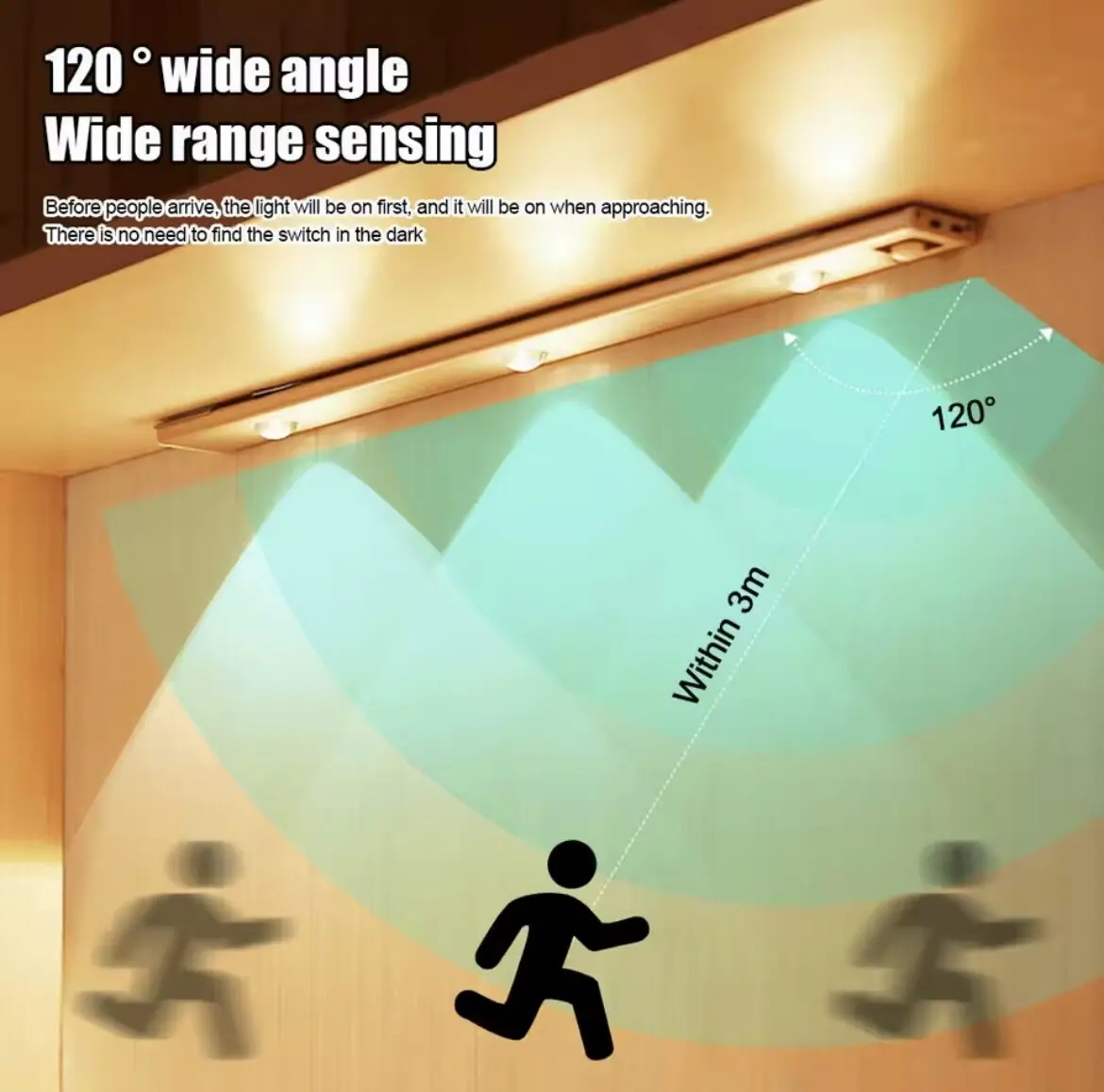Luz LED ultrafina con sensor de movimiento 120° y 3m de alcance, ideal para interiores oscuros.