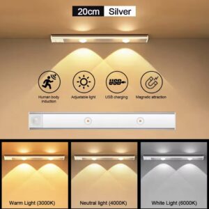 Luz LED plata 20cm para armario con sensor de movimiento, USB recargable, imantada.