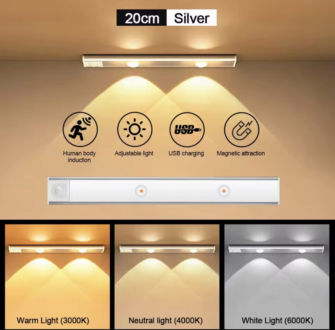 Luz LED plata 20cm para armario con sensor de movimiento, USB recargable, imantada.