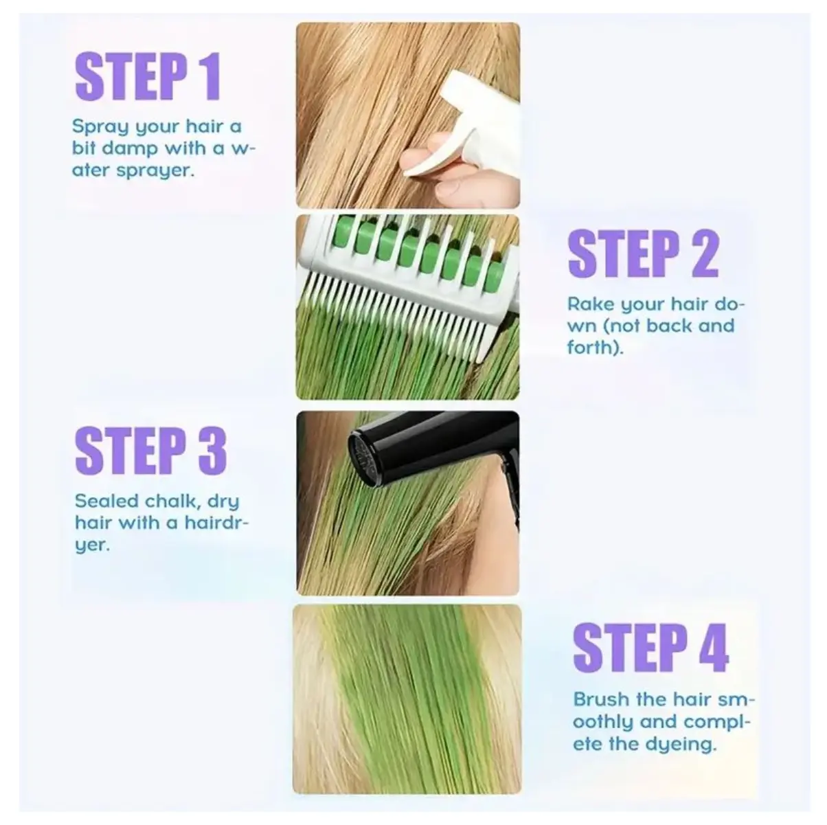 Tutorial paso a paso para aplicar tinte temporal de cabello verde con spray, peine y secador.