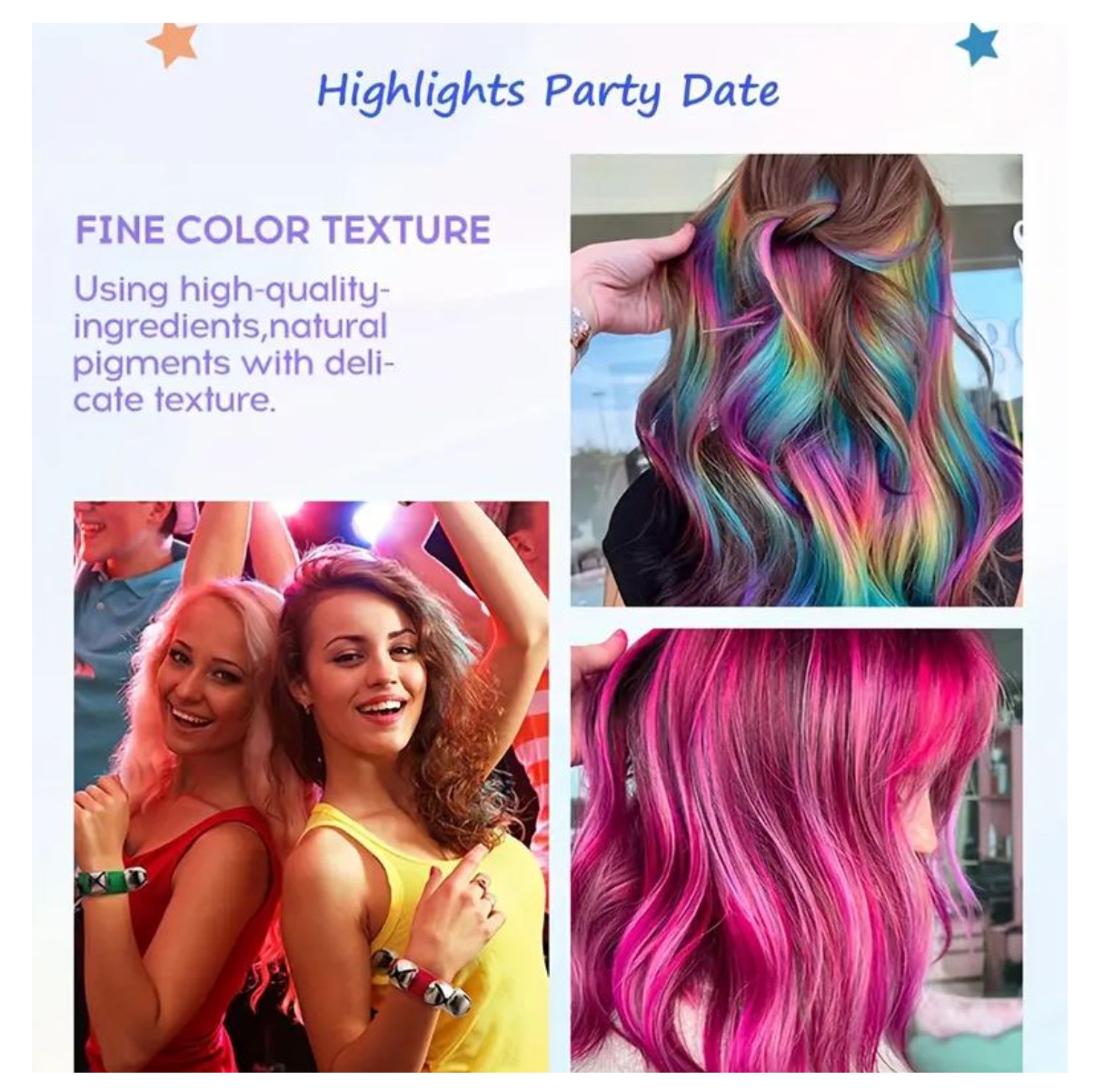 Lápices temporales para cabello con 10 colores vibrantes, ideales para looks de fiesta y looks divertidos.