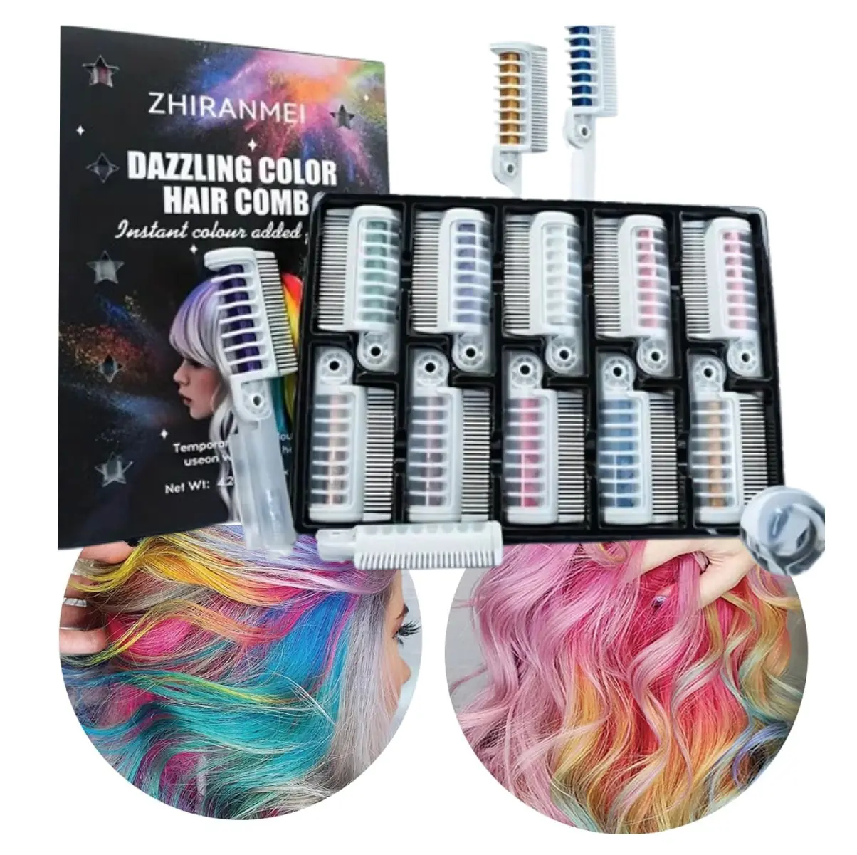 Set de 10 lápices de cabello temporal lavable con aplicador tipo peine, para crear looks coloridos al instante.