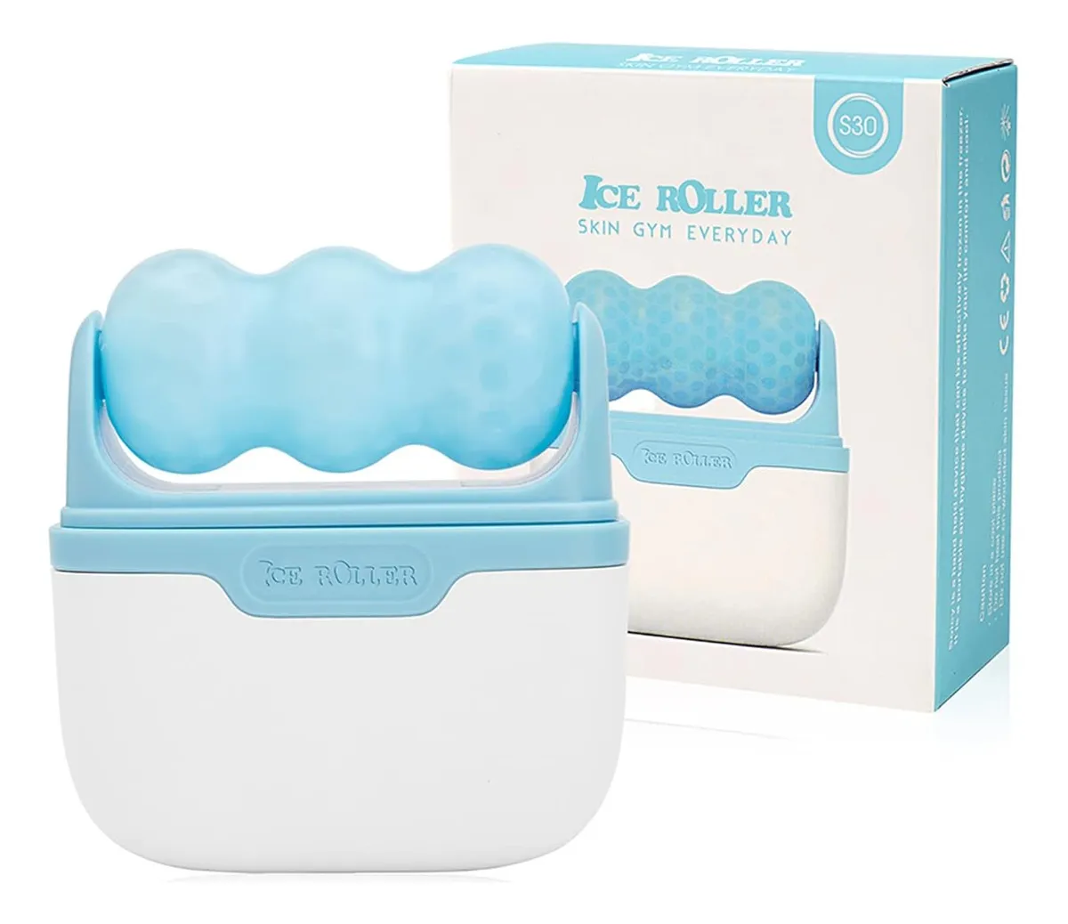 Rodillo facial de hielo azul y blanco para desinflamar, con diseño ergonómico y estuche de almacenamiento.