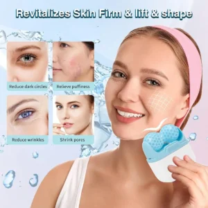 Rueda facial Ice Roller 2 en 1 azul y blanca para reducir círculos oscuros, arrugas e hinchazón.