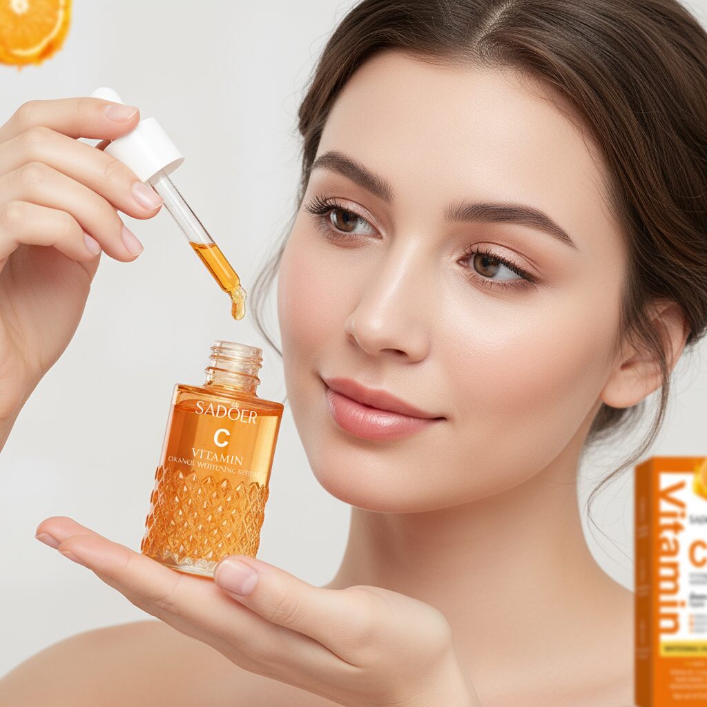 Mujer joven aplica serum Vitamina C Sadoer en frasco transparente, con gotas doradas visibles.