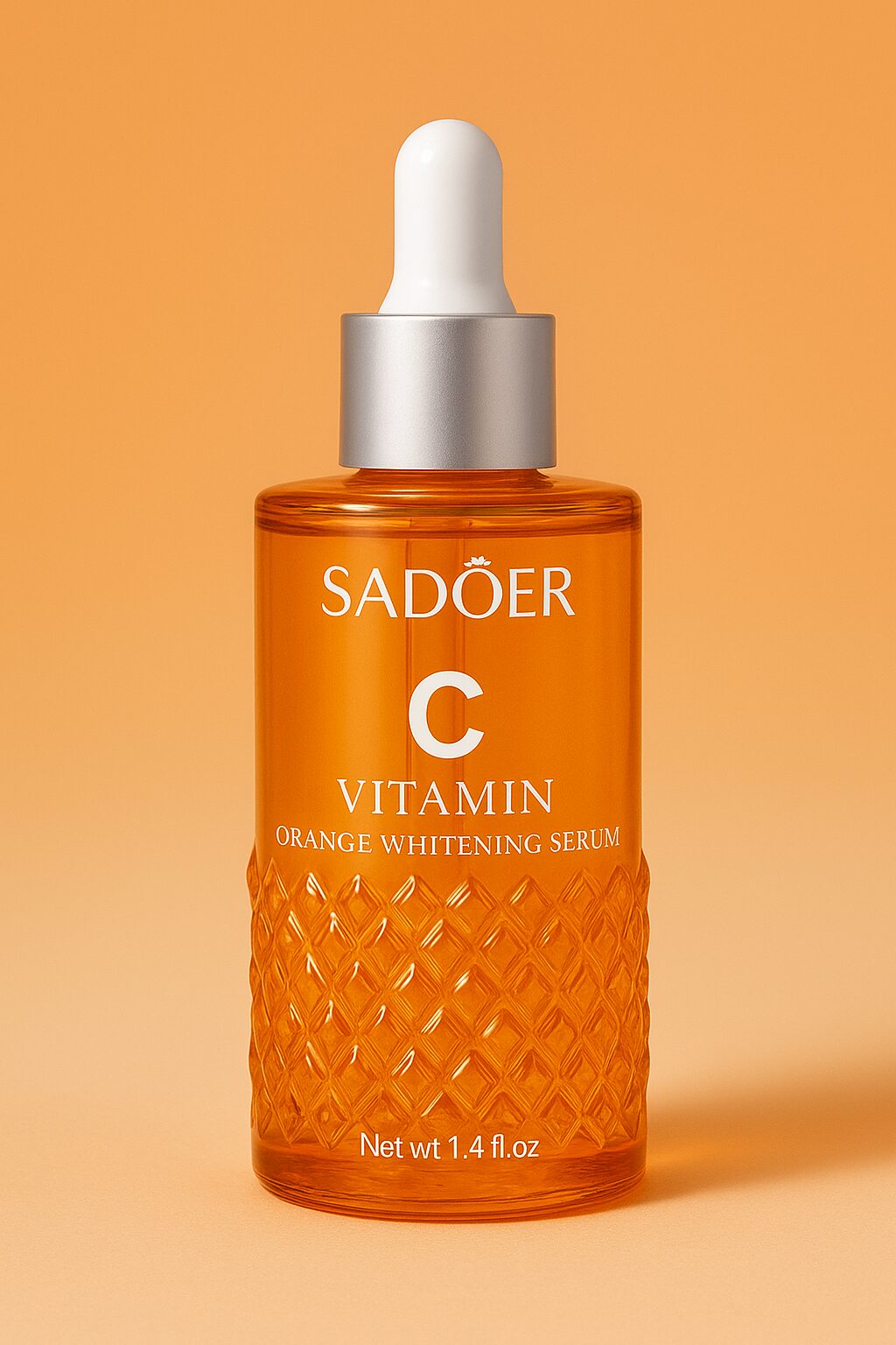 Serum vitamina C Sadoer en frasco de vidrio naranja texturizado, con gotero blanco y plateado. Contiene 1.4 fl.oz.