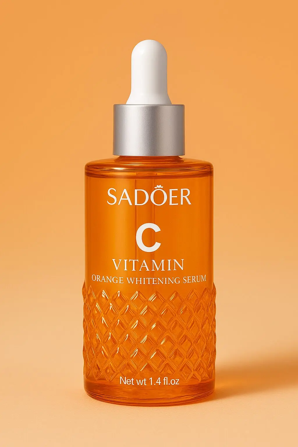 Serum vitamina C Sadoer en frasco de vidrio naranja texturizado, con gotero blanco y plateado. Contiene 1.4 fl.oz.