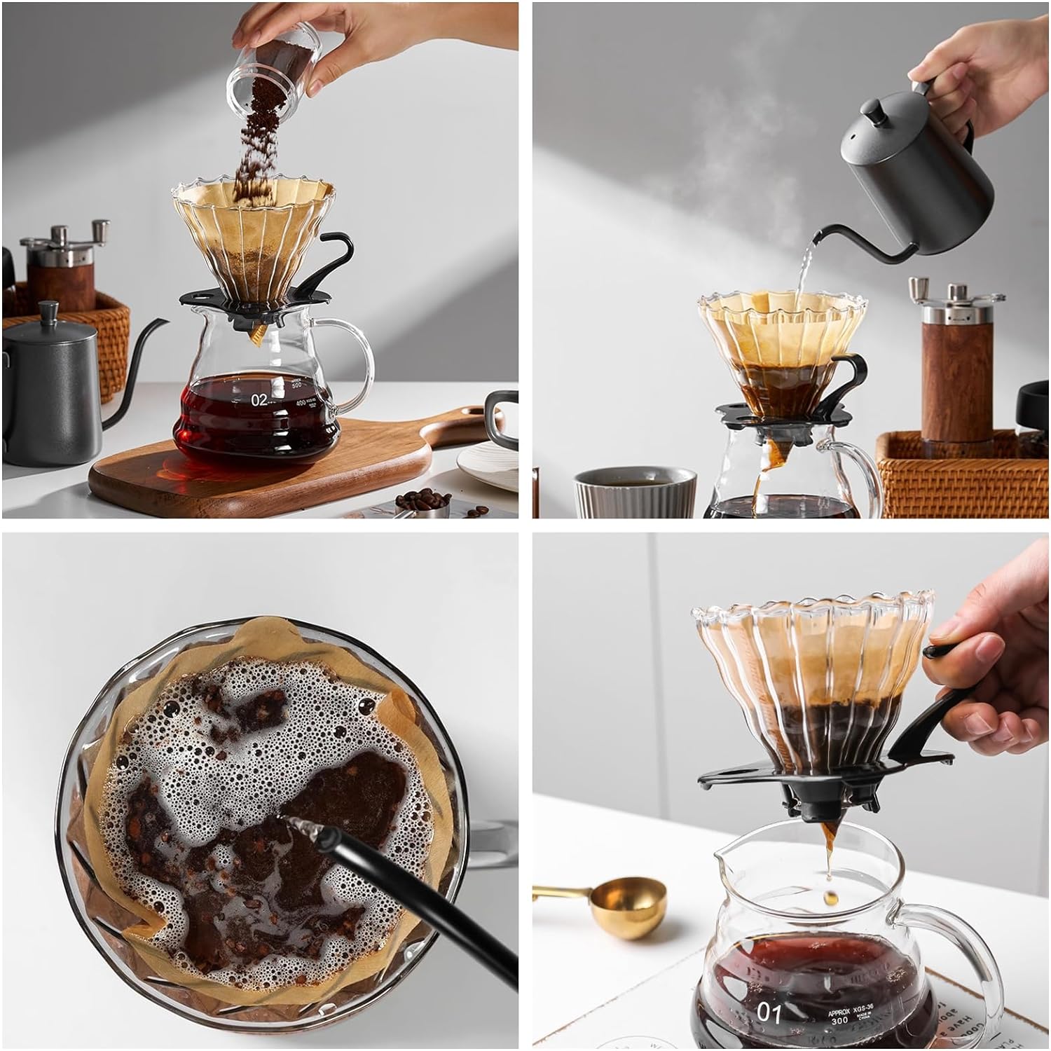 Set de preparación de café V60. Incluye cafetera de vidrio, filtro de papel y vertedor.