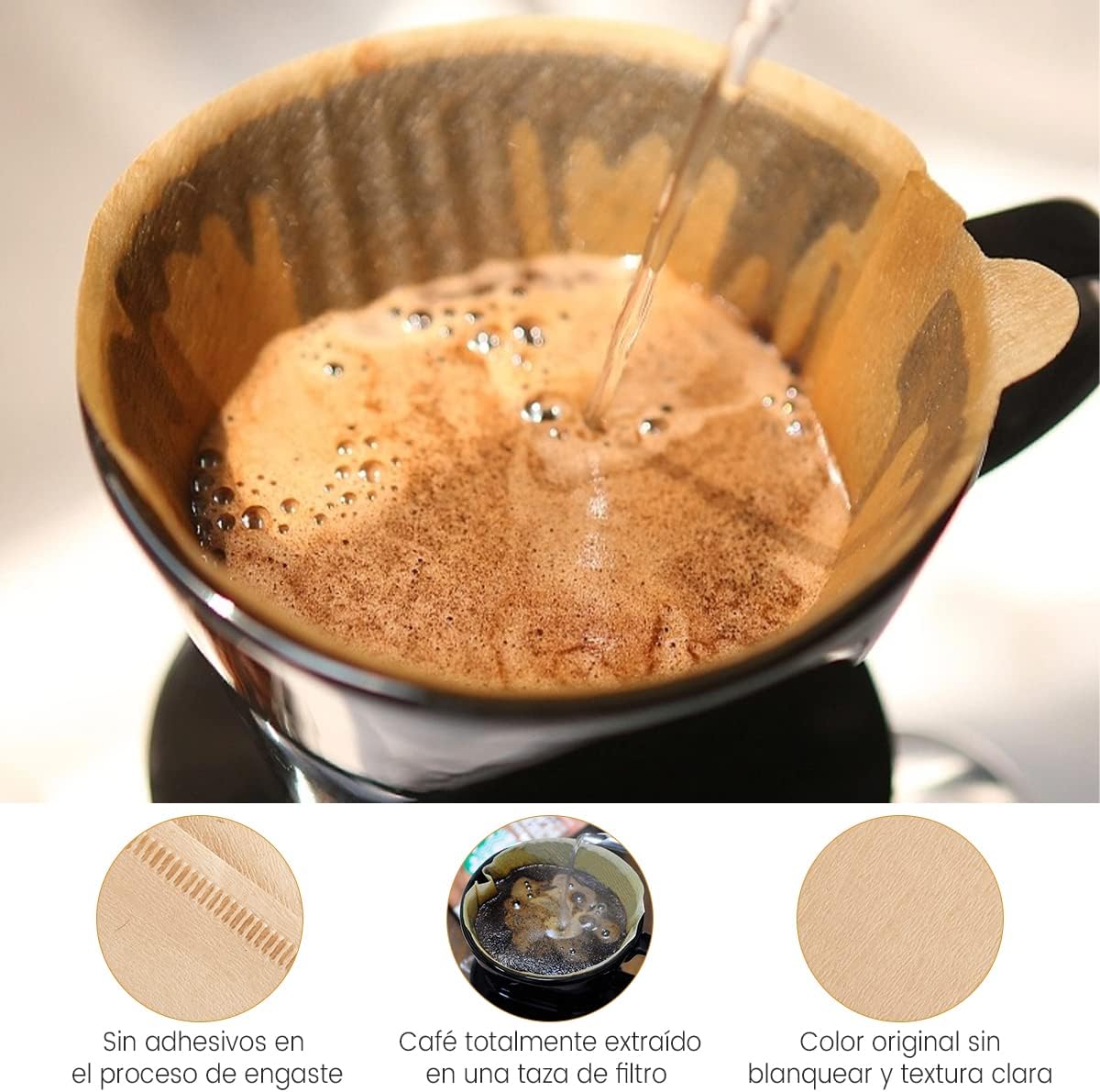 Filtro para cafetera V60 #2 en proceso de preparación de café con agua caliente, color natural.