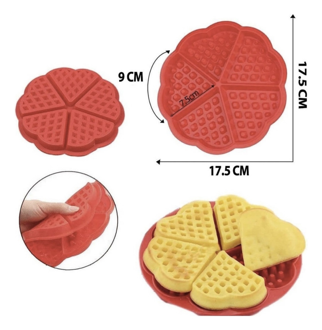 Set x2 moldes silicona rojos para waffles en forma de corazón, 17.5 cm. Incluye waffles cocinados.